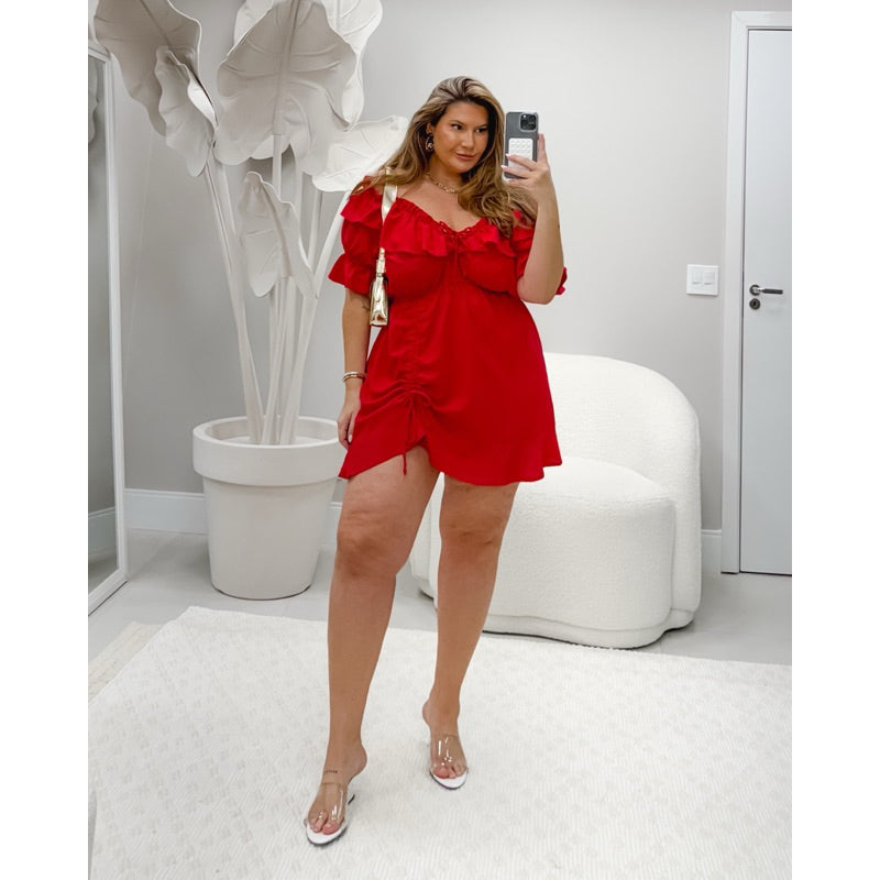 Vestido Babado Ombro à Ombro Plus Size