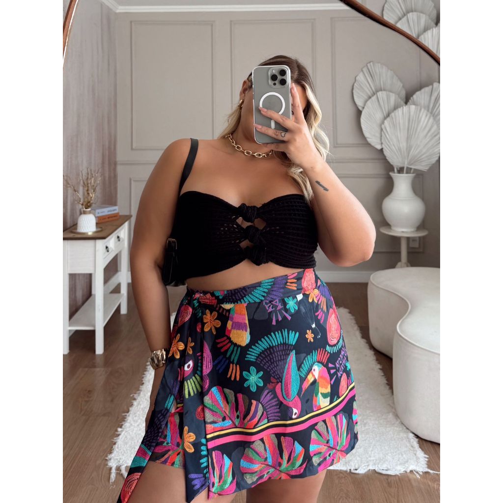 Shorts-Saia Estampado Tropical Plus Size