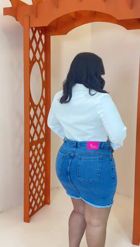Saia Jeans Plus Size C/ Laycra Bordada
