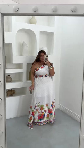 Vestido Longo Tropical Transpassado com Bojo e Forro
