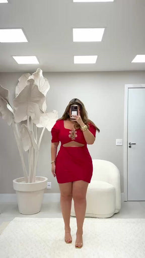 Vestido Strass Decote - Vermelho e Preto