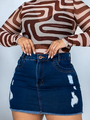 Saia Jeans Plus Size C/ Laycra Desfiado