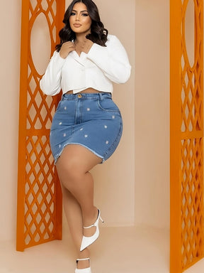 Saia Jeans Plus Size C/ Laycra Bordada