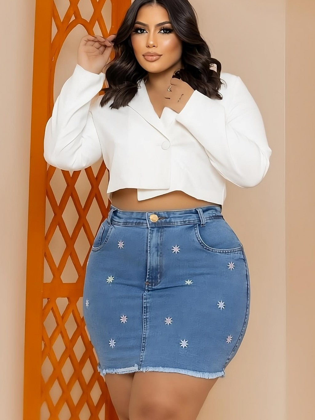 Saia Jeans Plus Size C/ Laycra Bordada