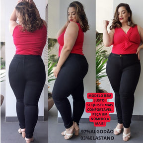 Calça Preta Plus Size Com Lycra Skinny Feminina Cintura Alta Levanta Bumbum Elastano