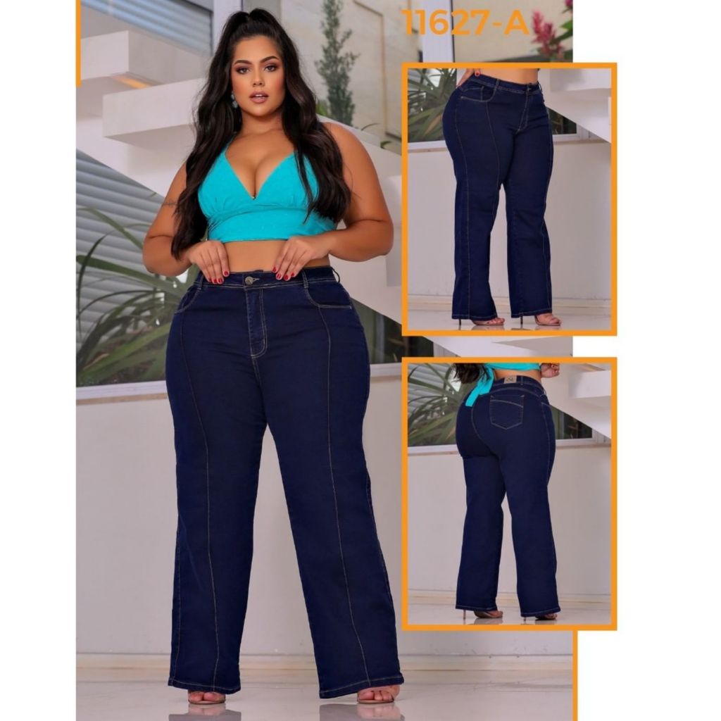 Calça Plus Size Flare Jeans Feminina Com Lycra Elastano Cintura Alta Boca de Sino Bailarina