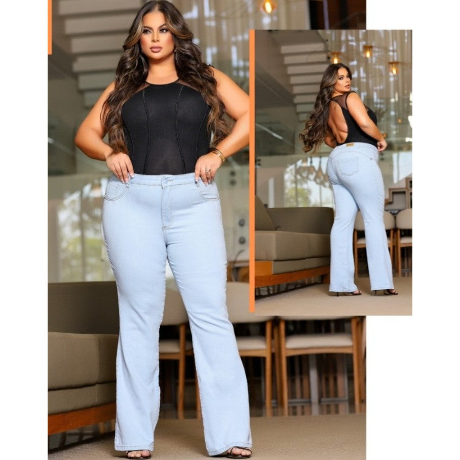 Calça Plus Size Flare Jeans Feminina Com Lycra Elastano Cintura Alta Boca de Sino Bailarina