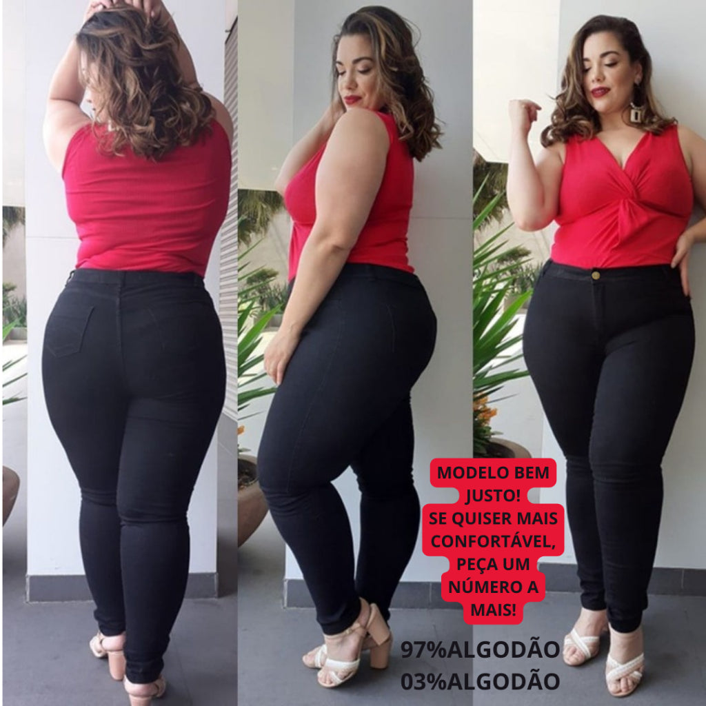 Calça Preta Plus Size Com Lycra Skinny Feminina Cintura Alta Levanta Bumbum Elastano