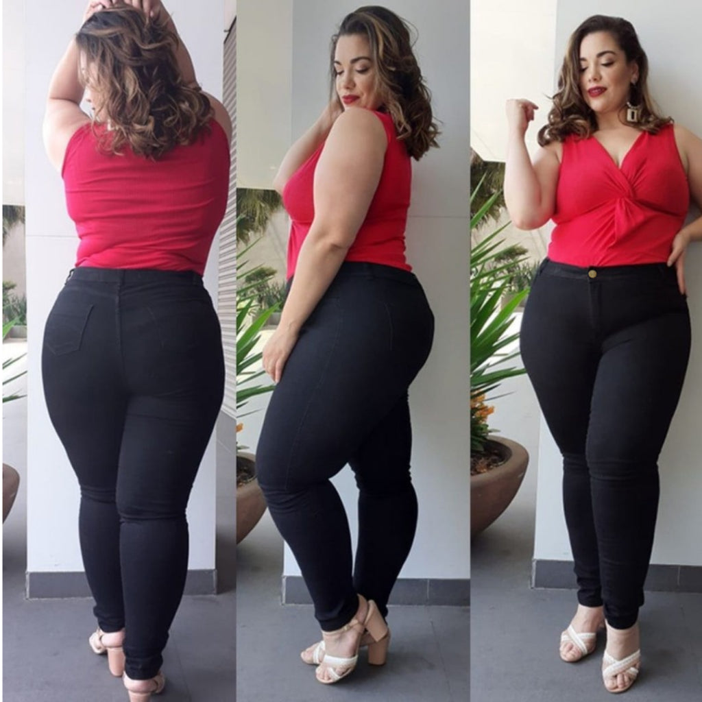 Calça Preta Plus Size Com Lycra Skinny Feminina Cintura Alta Levanta Bumbum Elastano