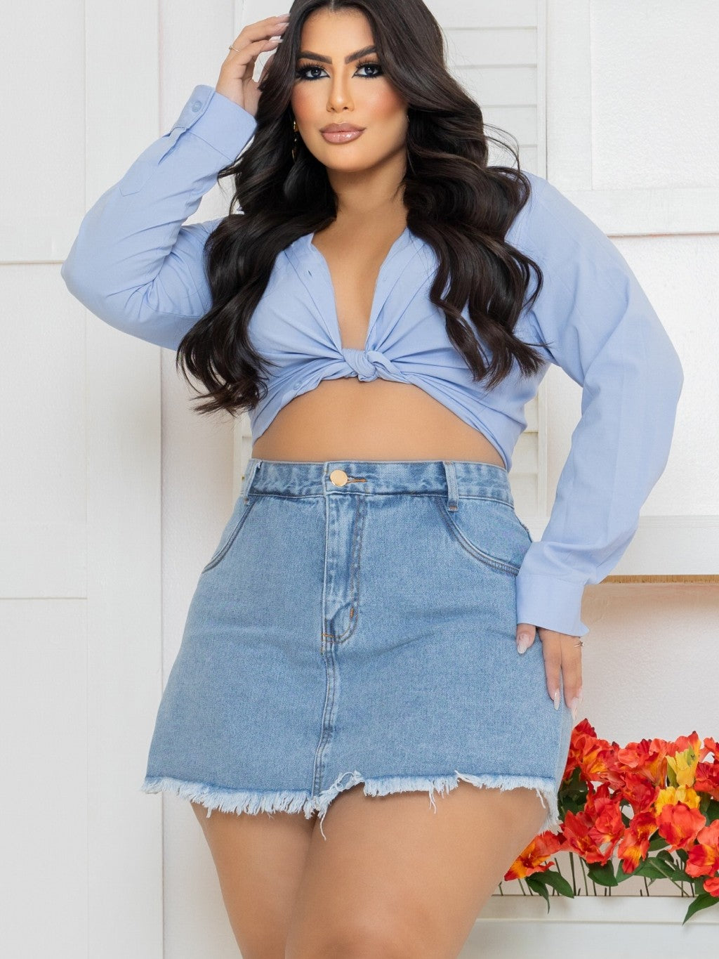 Short e Saia Plus Size Cintura Alta - Barra Desfiada