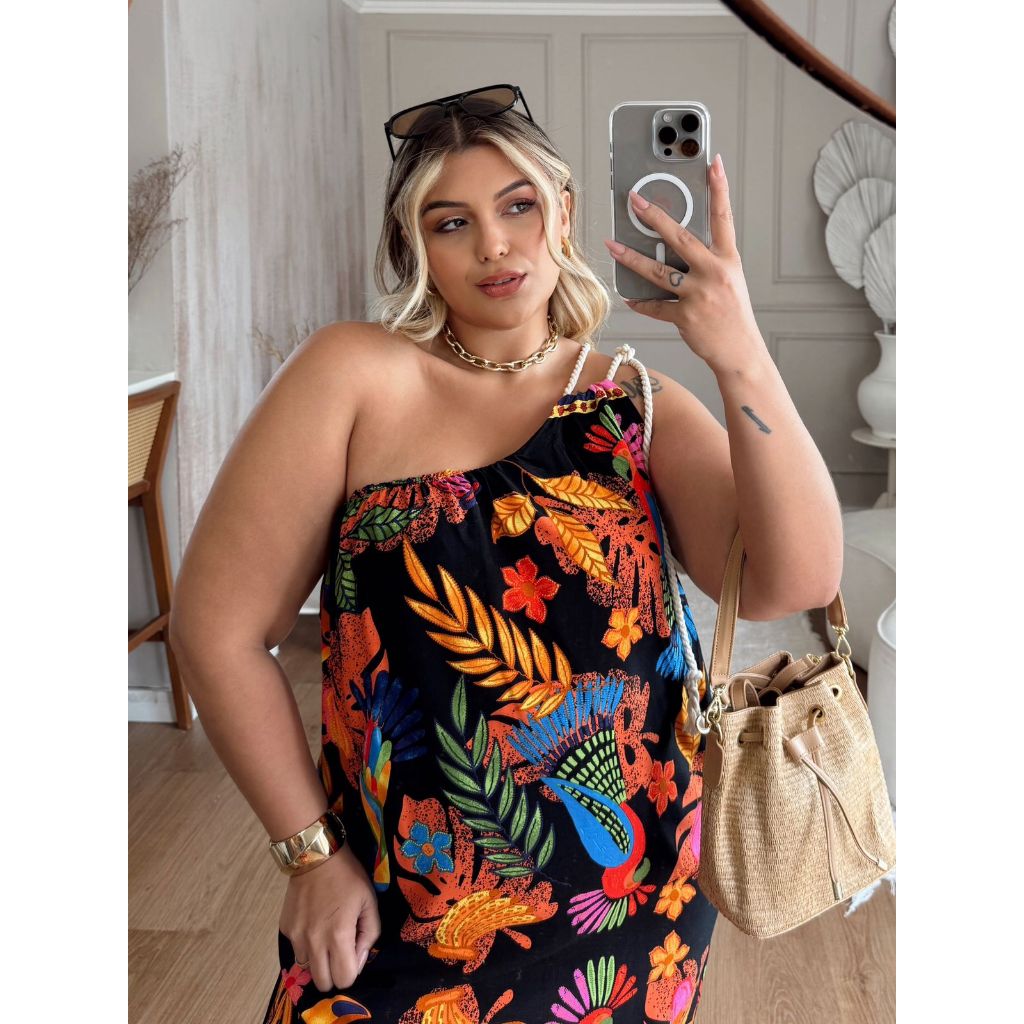 Vestido Nula Manga Tropical Plus Size