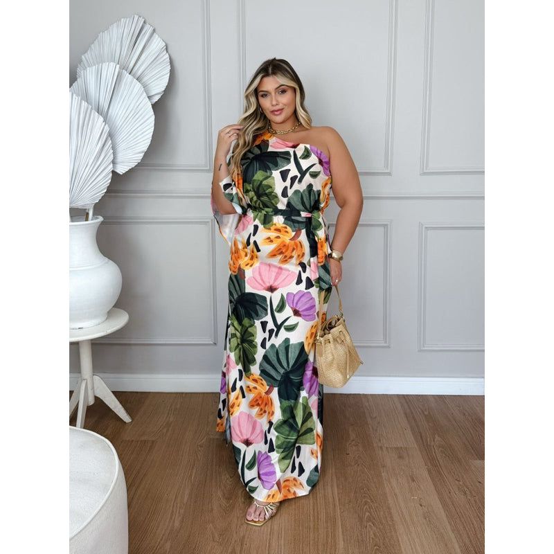 Vestido Longo Nula Manga Estampado Branco Plus Size