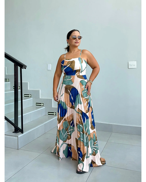 Vestido Plinsado Estampado Lila