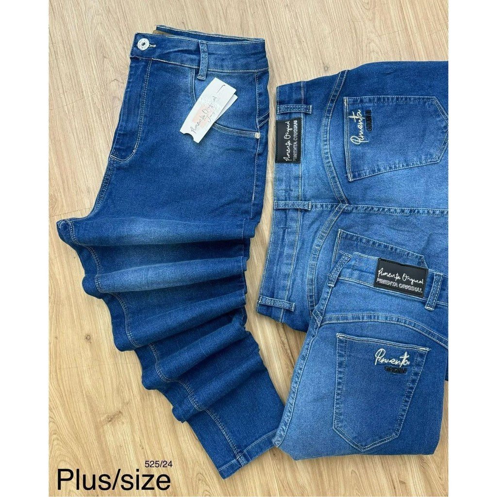 Calça Plus Size Pimenta Original Jeans Com Lycra Elastano Feminina Cintura Alta