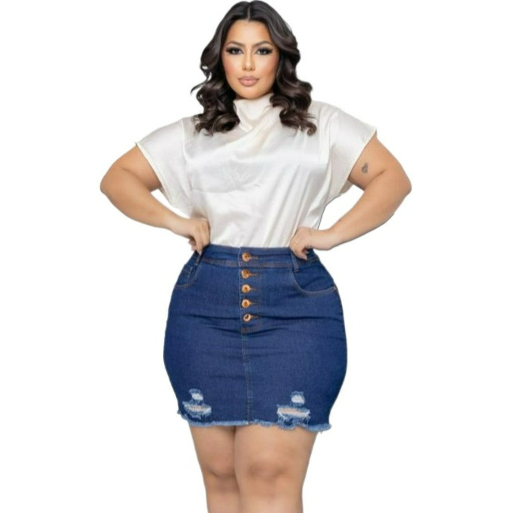 Saia Jeans Plus Size Botões Rose Desfiada
